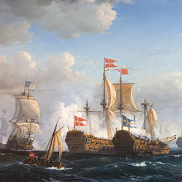 Slaget i Køge Bugt 1. juli 1677. En dansk flådestyrke på 27 linieskibe og fregatter mfl. under admiral Niels Juel slår en svensk flåde på 30 linieskibe og fregatter mfl. under Admiral-General Henrik Horn. Svenskerne mistede otte linieskibe og ca. 4.000 mand. Niels Juel udnævnes til general admiral-løjtnant og Elefant-ridder. Maleri af Viggo Fauerholt i 1856.